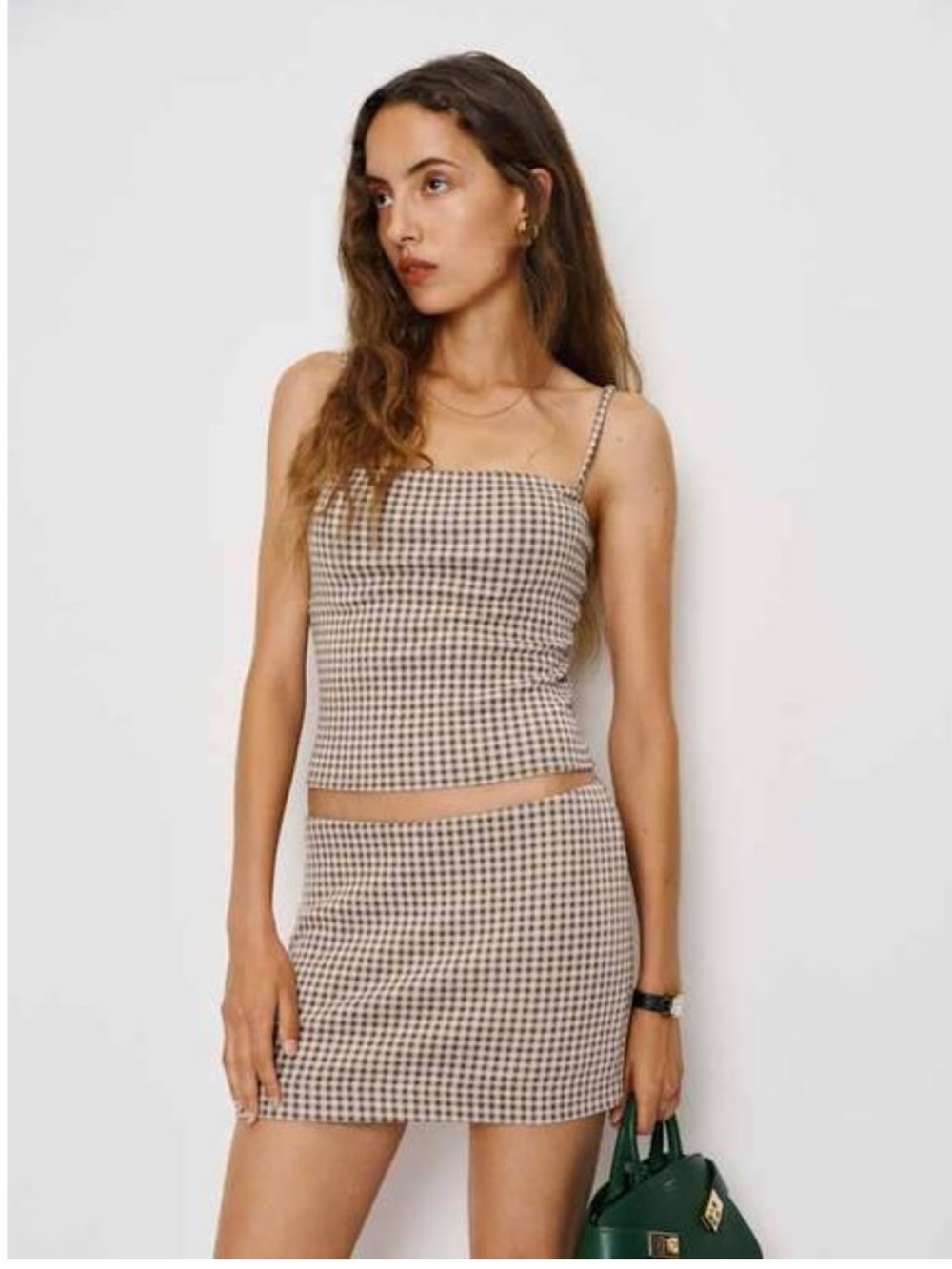 Reformation Emma Knit Two Piece Set Brown Sugar Check XS NWT (2 PIECE SET)